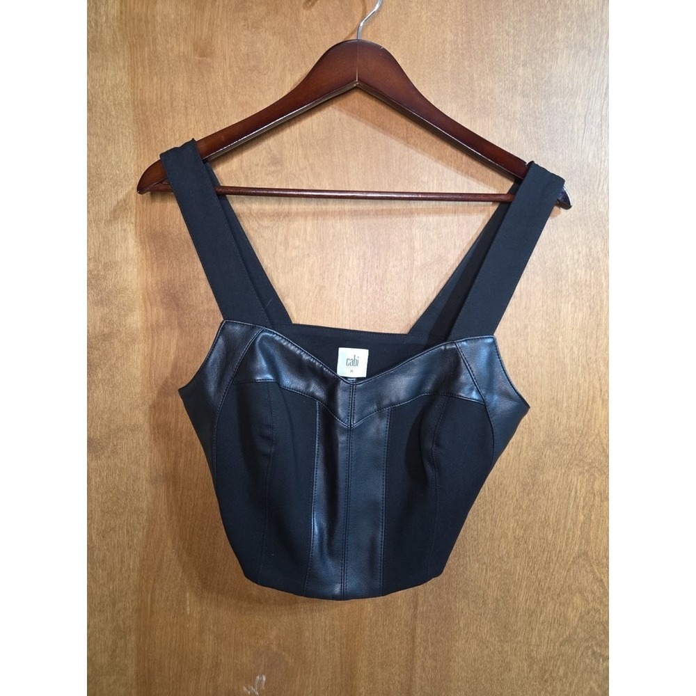 Cabi Faux Leather Trim Crop Top Womens‎ Medium Black Bustier Corset Style Tank